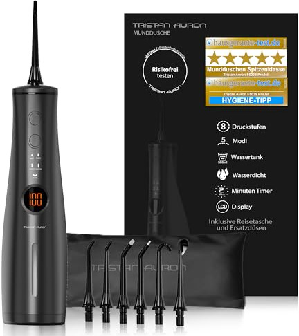 Tristan Auron Munddusche – 6 Ersatzdüsen und Reisetasche, 5 Modi, 8 Druckstufen inkl. Shoot Modus, 300ml Tank, LCD Display, USB-C Schnellladung, IPX7 - ProJet Water Flosser