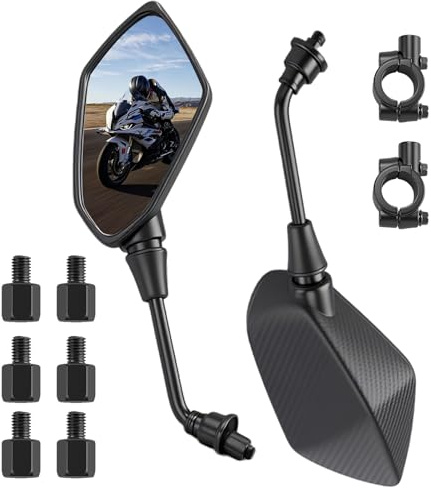 Motorcycle Mirrors Set, 7/8 Bar End Mirrors with 22mm Handlebar Clamps & M8/M10 Bolts, Universal Rear View Mirrors for Motorbikes, Scooters, ATVs & Mobility Scooters (Carbon Fiber)