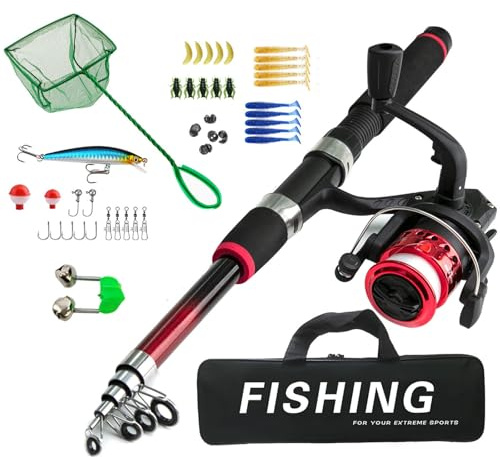 Juego de pesca que incluye cebos flotadores telescópicos, carrete de gancho de metal, red de aterrizaje y bolsa de almacenamiento, aparejos de equipo para niños, caña y carrete