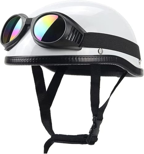 Caimcie retro halvhjälm motorcykel öppen ansiktshjälm motorcykel skalle keps hjälmar för män och kvinnor DOT/ECE godkänd halv ansikte kraschhjälm + skyddsglasögon D, M = 57-58 cm