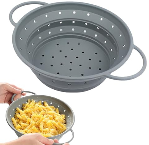 AEUXZA Colador Plegable de Cocina 28cm, Escurridor de Silicona Gris, Escurridor de Pasta Ahorra Espacio (solo 1.5cm plegado), sin BPA y Apto para Lavavajillas.