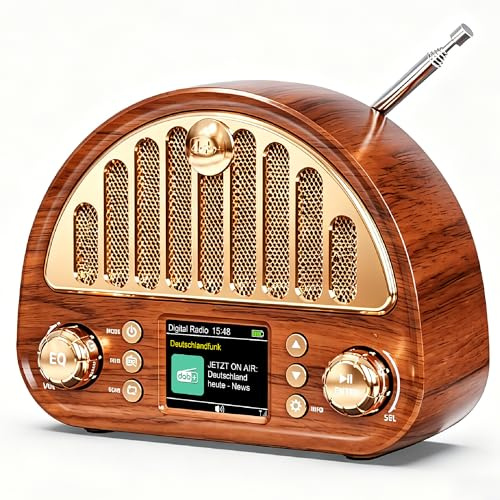 Radio DAB+/FM con Bluetooth 5.0, scheda TF e ingresso AUX, 3000 mAh USB-C, display a colori, ricerca stazioni auto, 80 preset, effetto sonoro EQ, 5 W RMS, doppia sveglia, timer sonno, radio retrò per