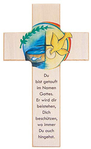 Fritz Cox Holzkreuz zur Taufe | super Taufgeschenk | mit christlichen Symbolen | in Deutschland hergestellt | Wandkreuz aus Holz | 20cm