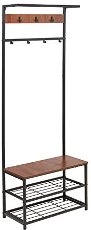 Amazon Basics 7-Haken-Garderobe mit Schuhbank und 3-Ebenen-Aufbewahrung, Schwarz, 70.1 x 33 x 180.3 cm