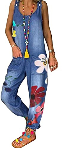ORANDESIGNE Salopette Larghe da Donna Senza Maniche Boho pantalone Estivi a Fiori retrò Salopette in Denim pantalone