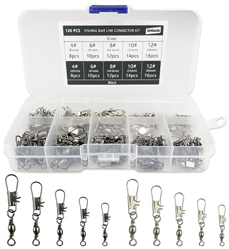 120 pezzi girelle da pesca trota pesca in acciaio inox con moschettone, esche da pesca per acqua salata, accessori per la pesca in 5 dimensioni 4# 6# 8# 10# 12#