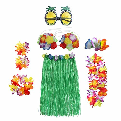 SoftcuteLee Hawaiianska kransar rock-kostym-tillbehör-kit rock-gräs-kjol Lei-blommor-Lei Luau-girlang ananas glasögon halsband kostym kostym för barn flickor kvinnor nyhet Luau kjolar fest