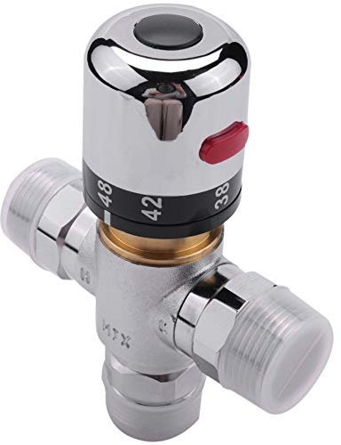 Lazycloud Válvula de mezcla de termostato de 3 vías de cobre sólido, 3/4 pulgadas solar agua , válvula de regla de temperatura reguladora plata