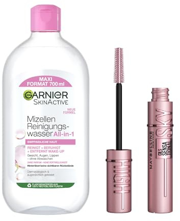 Garnier und Maybelline New York Make-Up Routine Set, Mit Mizellen Reinigungswasser und Maybelline New York Sky High Mascara, Für lange Wimpern und einfaches Abschminken, 2-teilig