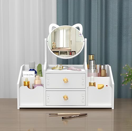 TFSZE Organizzatore Trucchi e Accessori Cosmetici, Cassetto Domestico con Specchio, Scaffale per Gioielli e Prodotti di Cura Personale, Toletta/Camera da Letto/Bagno