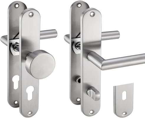 Stahlia Drückergarnitur Langschild Renovierungsgarnitur Edelstahl gebürstet EMILIA | PZ - Profizylinder mit Knauf | Türbeschlag Zimmertüren, Eingangstüren für Türstärke 20–47mm|Befestigungsmaterial