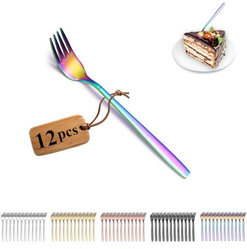 Berglander Regenbogen Kuchengabeln 12 Stück, Titan bunte Beschichtung Edelstahl Dessertgabeln, Obstgabeln, kleine Gabel für Zuhause, Restaurant, Hotel, Hochzeit, Partys, spülmaschinenfest