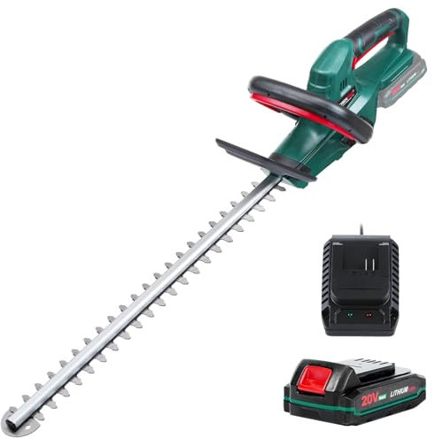 Cortasetos Bateria 20V, POSENPRO Cortasetos Eléctrico con Batería de 2.0Ah y Cargador, 52 cm Longitud Hoja, 15 mm Espacio Entre Dientes, Ideal para Cortar Cursos Medianos a Grandes y Tallar Setos