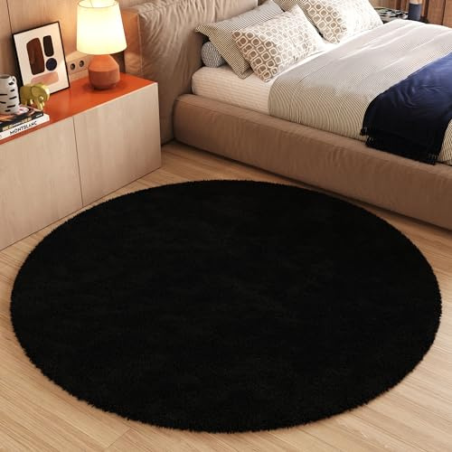 TAPISO Essence Alfombra Redonda Shaggy de Pelo Largo, Moderna, Color Negro, Monocolor, Sala de Estar, Dormitorio, Cama para Adultos y niños, Escritorio, Supersuave, Gruesa, Oeko-Tex, 240 x 240 cm