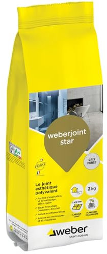 Weber Mortier joint carrelage décoratif hydrofugé, spécial intérieur et extérieur, largeur 2 à 10mm, 2kg, gris perlé, WEBERJOINT STAR