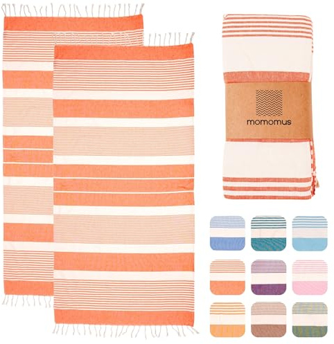MOMOMUS Lot de 2 Foutas de Plage XL ou Grandes Serviettes de Plage en Coton - Absorbantes, Compactes, Légères - Grands Draps de Bain pour Sauna, Spa et Hammam - Saumon, 90x180cm