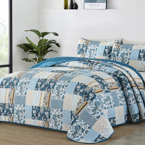 WONGS BEDDING Quilt Set King Size Blue, 3 Pieces Summer Patchwork Plaid Bedspread Coverlet Set, Floral Soft Lightweight Microfiber Bedding Set for All Season(104×90“)