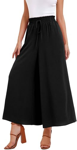 WUWUSKY Jupe Culotte Femme Pantalon Large Taille Haute Pantalon d'Été Léger Infroissable de Plage avec 2 Poches pour Quotidien et Soirée, 01 Noir, XL