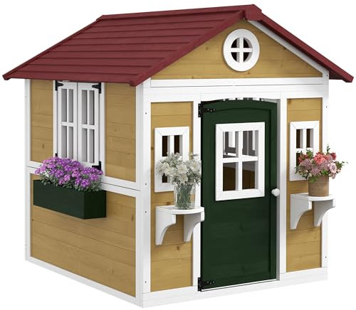 Outsunny Casa de Jardín Infantil Casa de Madera para Niños con Puerta Ventanas Jardineras y Soportes de Flores 114x126,4x135 cm Madera Natural