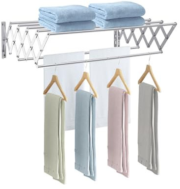 M.J COMFY-LIFE Foldable Clothes Airer - Wall Mounted Retractable Clothes Drying Rack for Indoor & Outdoor Use, 7 Rails, 5.6m Hanging Space, Space-Saving Design