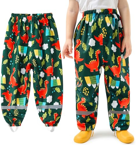 Baogaier Pantalon de Lluvia para Niños, Impermeables y Resistentes al Viento, Dinosaurio Verde Oscuro Pantalones Reflectante para Barro, sin Forro, Deporte Pantalones para Niña Nino 9-10 años