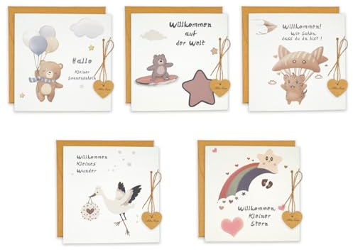 Khvaeif 5er Set Karte zur Geburt mit Umschlage, Glückwunschkarten zur Geburt Baby, Karte Geschenke zur Geburt Junge Mädchen