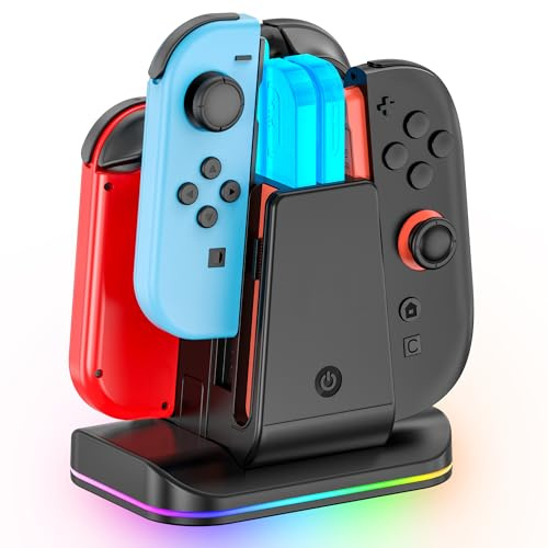 8 in 1 Base di Ricarica per Controller Joy-Con Switch 2/Originale/OLED Edition, Magnetica Caricatore per Switch 2025 con 9 Luce RGB, Rapida Stazione di Ricarica Switch con Cavo di Ricarica Custodie