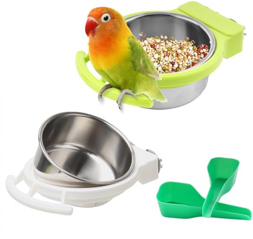 2 Pack Bird Detachable Bowl Stainless Steel Feeder Feeding Dish Water Cup Perch Stand with 2 Pcs Spoon for Bird Parrot Canary Finch Parakeet Budgie Cockatiel Lovebird
