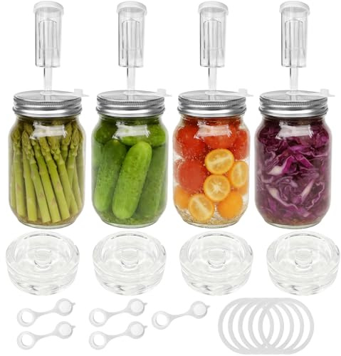 Fermenting weights wide mouth Mason Jar Fermentation Kit with 4 Fermentation Lids, 4 Glass fermentation Weights, 4 Airlocks for Fermenting, 5 Silicone Rings & Grommets - Pickling kit（No Jars）