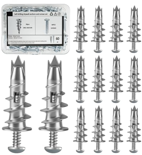 BIATOE Plasterboard Fixings, Metal & Self Drilling Heavy Duty Plasterboard Wall Plug, Metal Wall Anchors Kit (60)