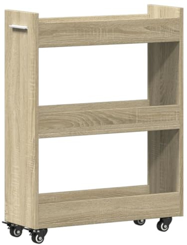 Kaorsrow Armadio con ruote, rovere Sonoma, mobile mobile in legno, credenza con 2 scomparti per soggiorno e cucina, scaffale sottile a nicchia su ruote, 60 x 22 x 79 cm