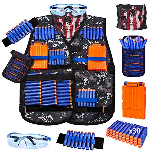 KKONES Kids Tactical Vest Kit for Nerf Guns Series with Refill Darts,Dart Pouch, Reload Clips, Tactical Mask, Wrist Band and Protective Glasses, Toys for 8 9 10 11 12 Year Boys