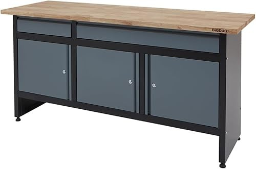 BiGDUG Garage Workbench Drawer Cabinet - Workshop Storage Workstation - 842H x 1709W x 600D mm - 2x Drawer & 3 Door Cupboard - Black/Grey