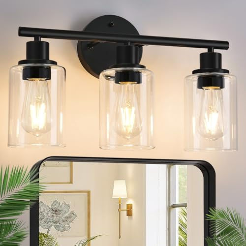 Zarbitta 3-Light Bathroom Light Fixtures, 17.23 Black Modern Vanity Lights with Clear Glass Shade, Bathroom Wall Lamp for Mirror Kitchen Living Room Hallway Cabinet Porch