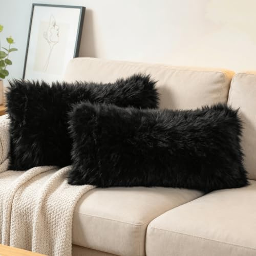 OYIMUA Soft Faux Fur Cushion Covers 30x50cm Black Set of 2 for Sofa Bed | Fluffy Decorative Pillow Covers 12x20 for Living Rooms,Bedrooms,Offices,Machine Washable,Hidden Zipper,Fade-Resistant