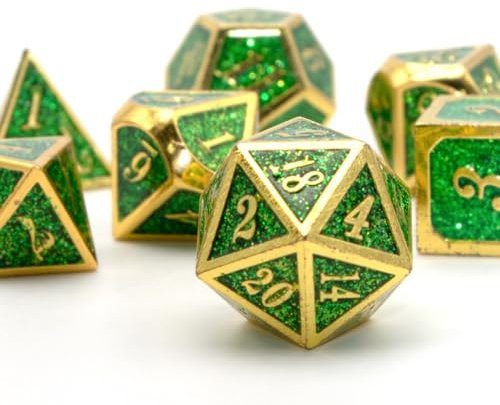 HNCCESG Polyedrische D&D-Würfel aus Metall für Dungeons and Dragons RPG DND-Würfel für Rollenspiele, MTG, Tisch, Gaming, Shadowrun Pathfinder, 7 Stück, D20, D12, D10, D8, D6, D4 (Gold Glitter Green)