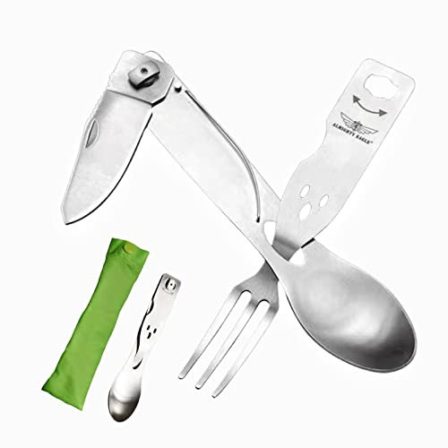 Folding Camping Cutlery Set Stainless SteelSpoon Fork Cutting 3-in-1 Reusable Travel Cutlery Portable Utensil Detachable Tableware with Pouch for Camping Picnic Hiking Fishing and Outdoor
