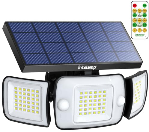 INTELAMP Luce Solare LED Esterno, 108LED Faretto LED da Esterno con Sensore di Movimento, 6000mAh Lampada Solare da Esterno 6500K, 4 Modalità Luci Solari Esterno per Giardino (Luce Bianca – 1 Pezzo)
