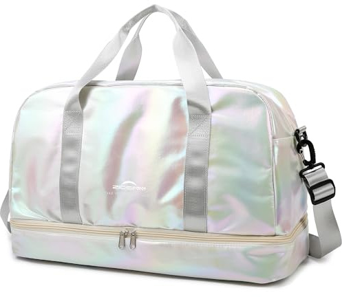 ZIOSINM Sporttasche Damen, 40L Reisetasche Damen Weekender, Glitzer Sporttasche mit Schuhfach und Nassfach, Saunatasche Schwimmtasche Trainingstasche Fitnesstasche Gym Travel Bag (Weiß)