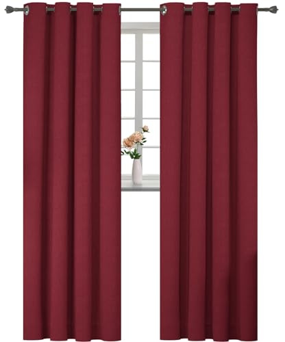 YSTELLAA 100% Mörkläggningsgardin 2 Stycken, 140 X 280 CM, linne dekorativ, Sovrum Termiska Gardiner Med Öljetter, Ljudisoleringsgardin, Värmeisolerande Gardiner För Vardagsrum, Röd