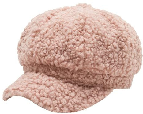 Women's Lamb Wool Newsboy Cap Casual Fleece Visor Cap Plush Fur Beret Hat Ladies Winter Warm Fluffy Painter Hat, Pink, M