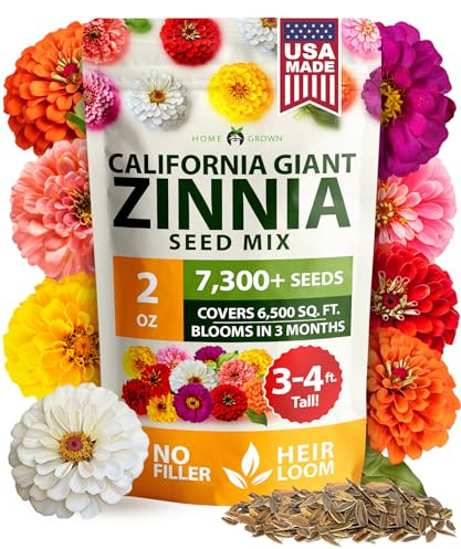 HOME GROWN Zinnia Seeds for 2026 - California Giant Mix - 7,300+ (2 oz) Plant Wildflower Blooms Bulk Seeds for Planting Flowers Outside - Pollinator Gardens (Zinnia elegans)