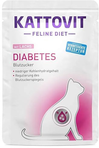 Kattovit Feline Diet Diabetes/Gewicht 12 x 85 g Lachs | Diät-Nassfutter für Katzen mit Diabetes | fettarm | ballaststoffreich | mit L-Carnitin für Gewichtsmanagement