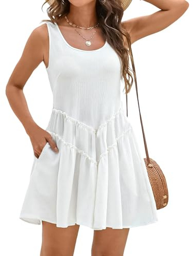 Satohom Vestido Verano Mujer Sin Mangas de Playa Cuello Redondo con Bolsillos Tallas Grandes Midi Algodón Suelto Color Sólido Boho Casual Elegante T-Shirt