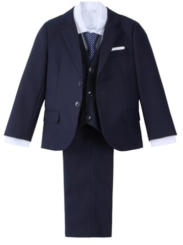 Lito Angels pojkar 5 delar smal passform, blå/marinblå/svart/kaki | Slim Fit blazer, väst, skjorta, justerbara byxor, slips, 5 delar bröllopskostym