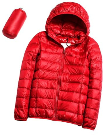 Giacca piumino pieghevole da donna con cappuccio ultra leggera corta giacca invernale trapuntata imbottita puffer con borsa da trasporto (rosso, L)