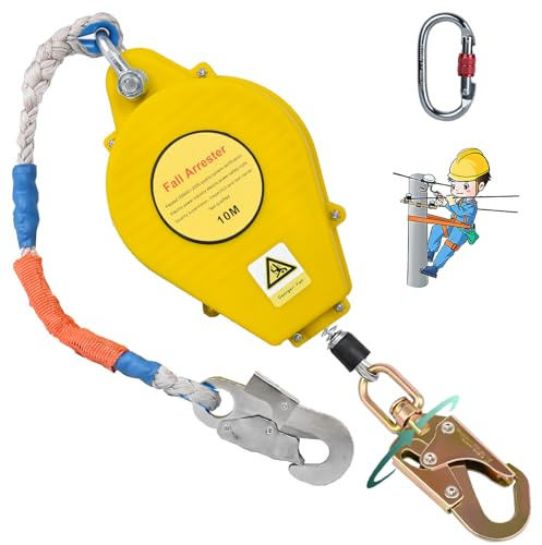 BOVDC Dispositivo Anticaduta Retrattile Certificato, 150kg Imbracatura di Sicurezza Anticaduta Tetto, 10m Dispositivo Retrattile di Sicurezza Anticaduta Tetto/Lavoro Aereo (Giallo,10m)