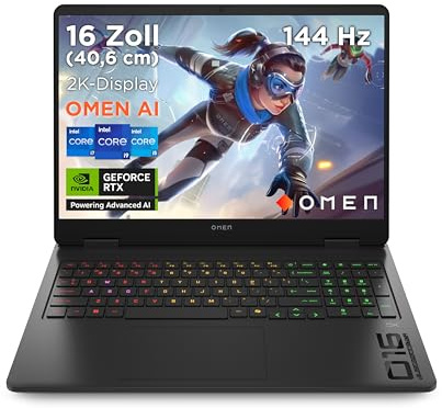 HP Omen Gaming Laptop, 16 2K WUXGA Display, 1920×1200, 144Hz, Intel Core Ultra 7 255H, NVIDIA GeForce RTX 5060, 24GB RAM, 1TB SSD, Win 11, 4-Zonen-RGB-QWERTZ, Shadow Black, inkl. 3 Monate GamePass