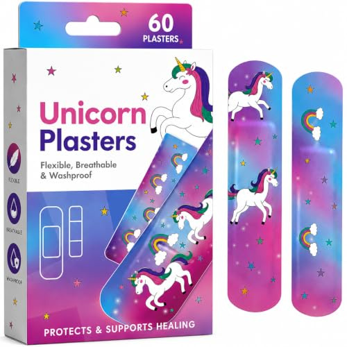 Unicorn & Rainbow Plasters for Kids, 60 Pk Soft Washproof Adhesive Bandages | with Fun Designs, Flexible, Breathable, Assorted Sizes, Everyday First Aid Wound Dressings for Cuts & Scratches