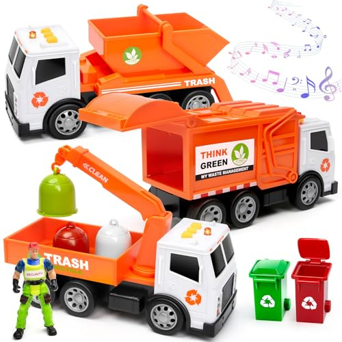 BunnyJOY Garbage Truck Toy Set, Friction Powered Recycling Vehicle Playset with Lights and Sounds, Includes Crane Truck, Dump Truck, Rear Loader, Bins & Figure, Educational Gift for Kids Age 3+
